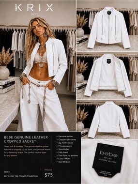 Bebe White Cropped Genuine Leather Jacket (M)